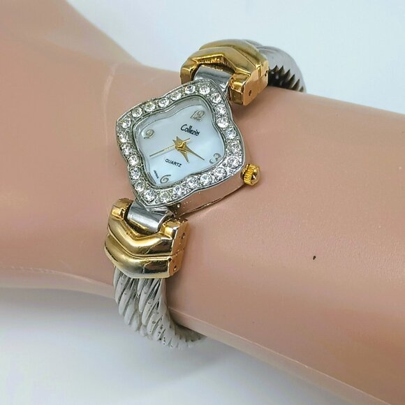 Collezio Two Toned Cuff Watch Women's Rhinestone Bezel Adjustable Cable Band - Picture 1 of 15